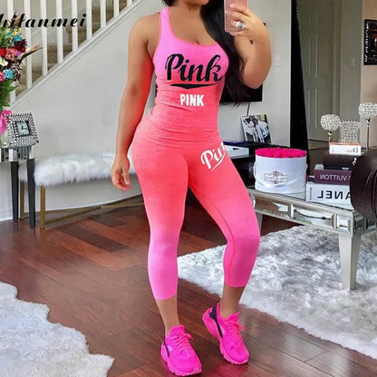 Pink Letter Print Sport Sets Stretchy 2 Piece Sets - Buy Gifts 4 You by NX3