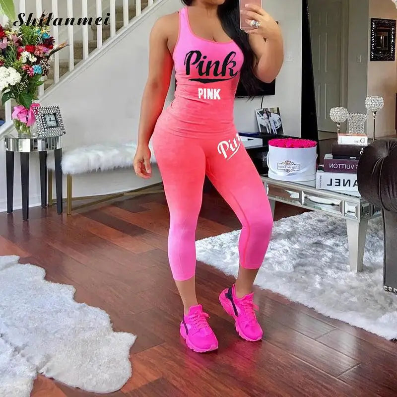 Pink Letter Print Sport Sets Stretchy 2 Piece Sets - Buy Gifts 4 You by NX3