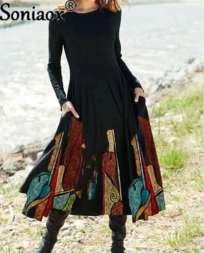 Vintage Boho Gradient Printed Midi Long Dress with Pockets A-line - Buy Gifts 4 You by NX3