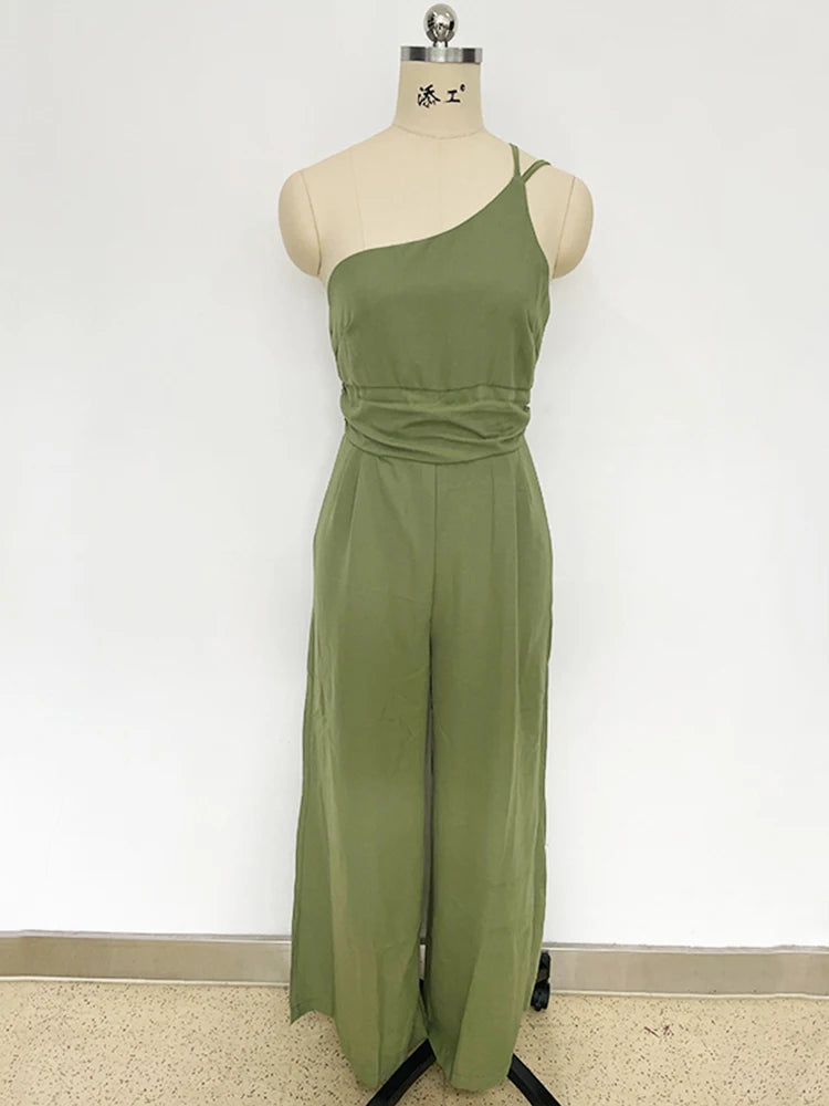 Foridol Waist Folds Backless Double Strap Casual Wide Leg Jumpsuit Long Pants Green 2024 New Female Loose Jumpsuit - Buy Gifts 4 You by NX3