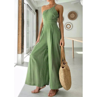 Foridol Waist Folds Backless Double Strap Casual Wide Leg Jumpsuit Long Pants Green 2024 New Female Loose Jumpsuit - Buy Gifts 4 You by NX3