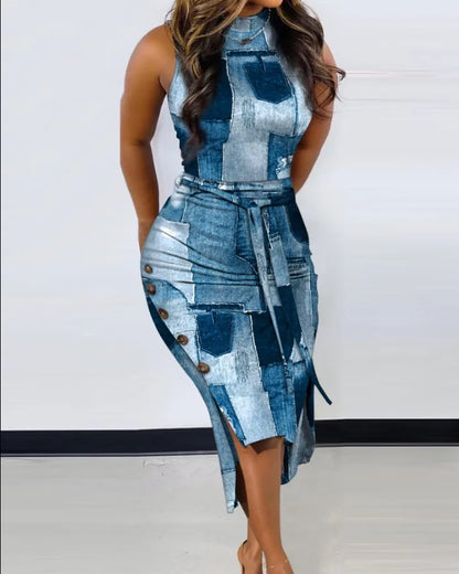 Denim Look Print Casual Midi Dress with Belt - Buy Gifts 4 You by NX3