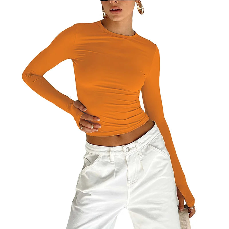 Fashion Women T-shirt Long Sleeve Crew Neck Solid Slim Fit Ladies Crop Top with Thumb Holes for Daily Streetwear Summer Camis - Buy Gifts 4 You by NX3