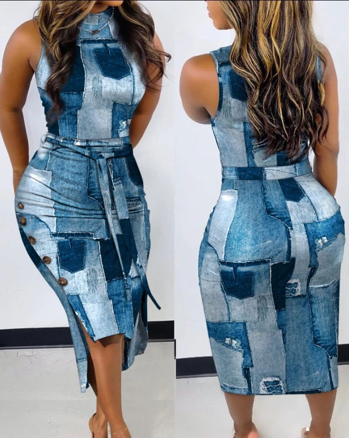 Denim Look Print Casual Midi Dress with Belt - Buy Gifts 4 You by NX3