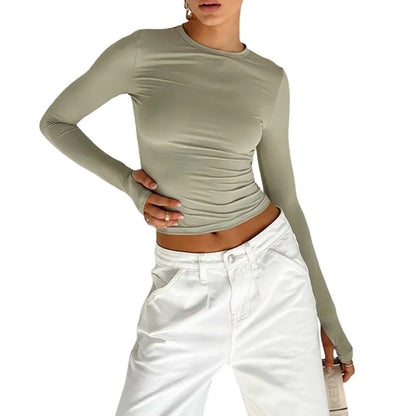 Fashion Women T-shirt Long Sleeve Crew Neck Solid Slim Fit Ladies Crop Top with Thumb Holes for Daily Streetwear Summer Camis - Buy Gifts 4 You by NX3