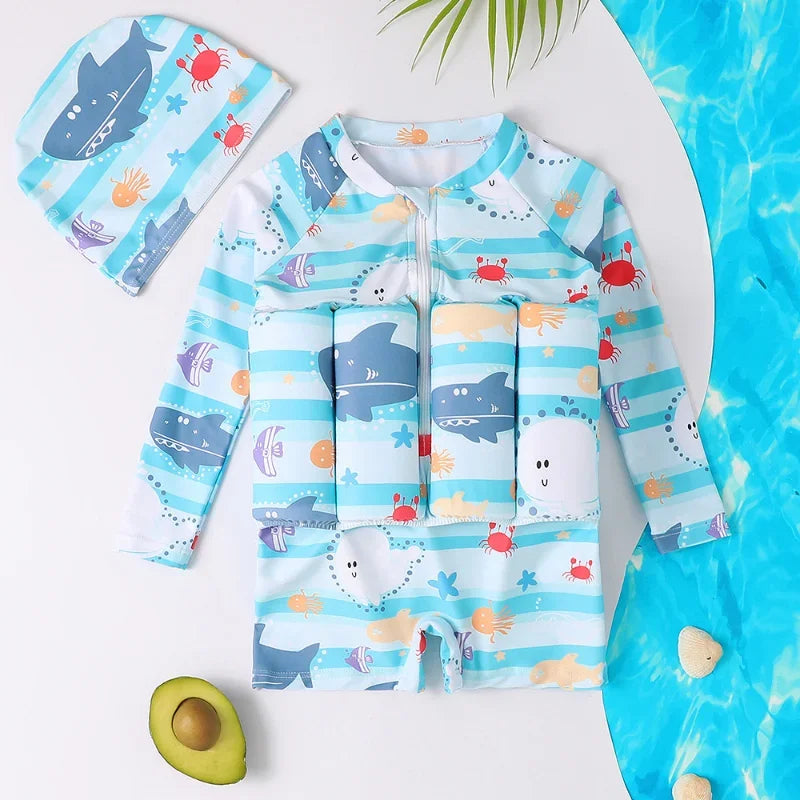 Children's Buoyancy Swimsuit Cartoon Print Swimwear Kid One-Piece Floating Rash Guards Bathing Clothes Boys Girls Swimming Suits