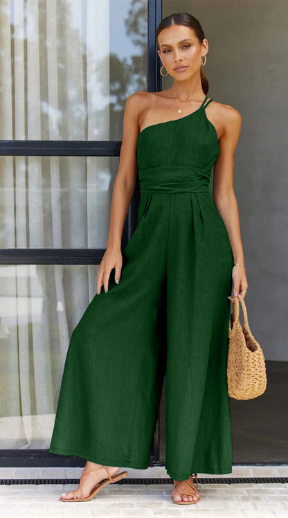 Foridol Waist Folds Backless Double Strap Casual Wide Leg Jumpsuit Long Pants Green 2024 New Female Loose Jumpsuit - Buy Gifts 4 You by NX3