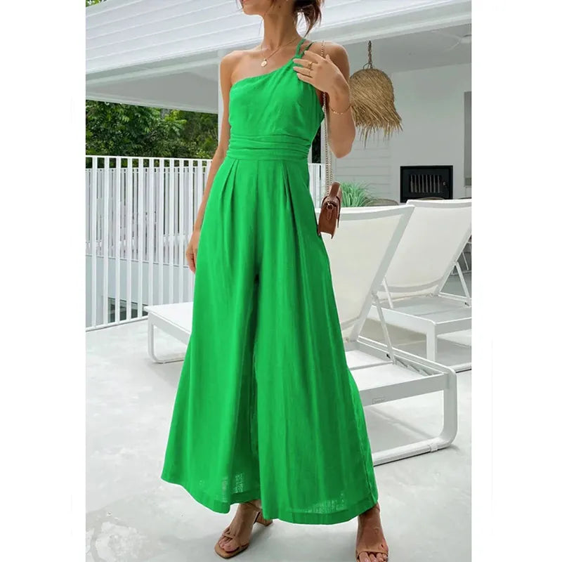 Foridol Waist Folds Backless Double Strap Casual Wide Leg Jumpsuit Long Pants Green 2024 New Female Loose Jumpsuit - Buy Gifts 4 You by NX3